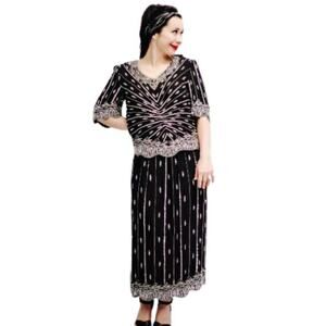 Vintage 1980s Black and Silver Sequin Beaded Top and Skirt Judith Ann Medium